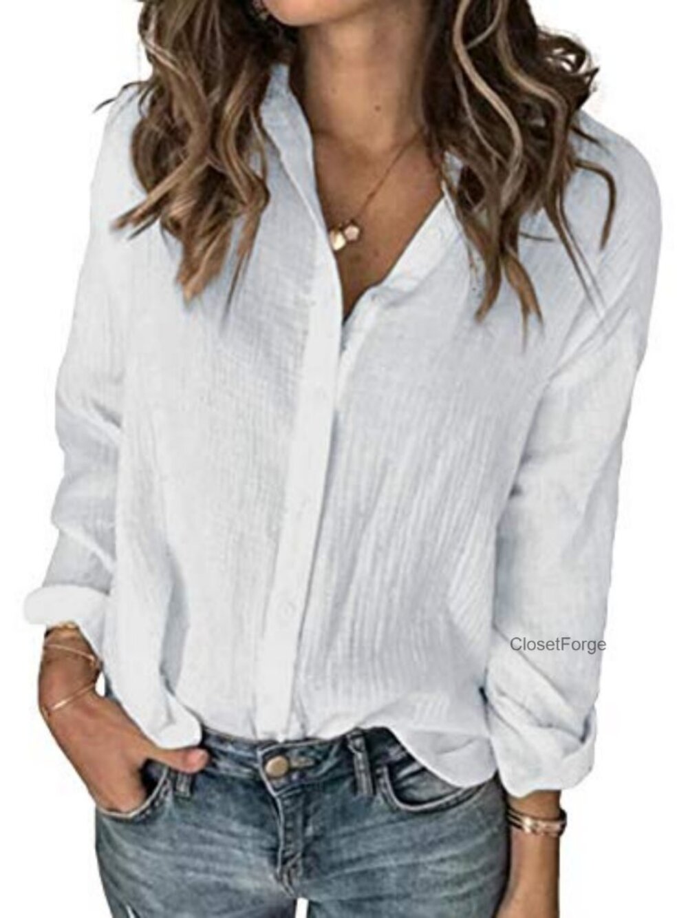 Womens Linen Cotton Gauze Button Down Long Sleeve Blouse